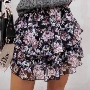Print Tiered Frill Roses Mini Skirt