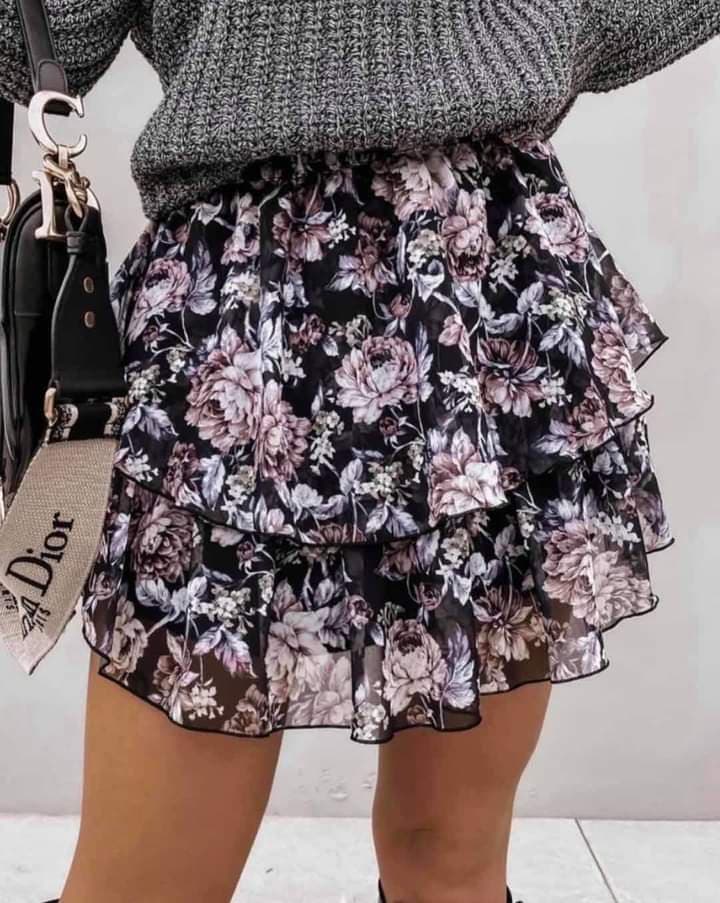 Print Tiered Frill Roses Mini Skirt