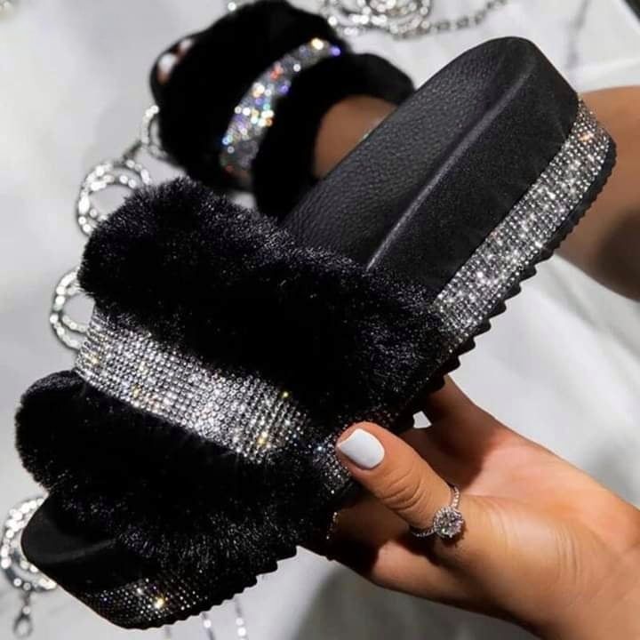 Ladies wedges sandals fluffy rhinestones 3-8