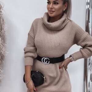 A striped sweater dress with a turtleneck