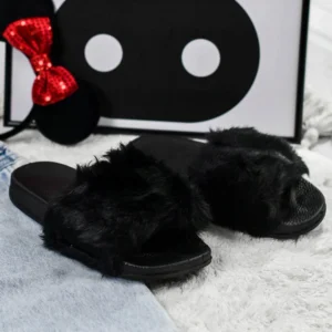 Fluffy fur slippers black 5-6