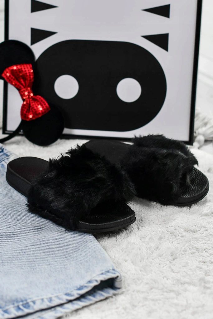 Fluffy fur slippers black 5-6