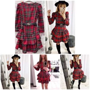 Red checkered dress with a belt S