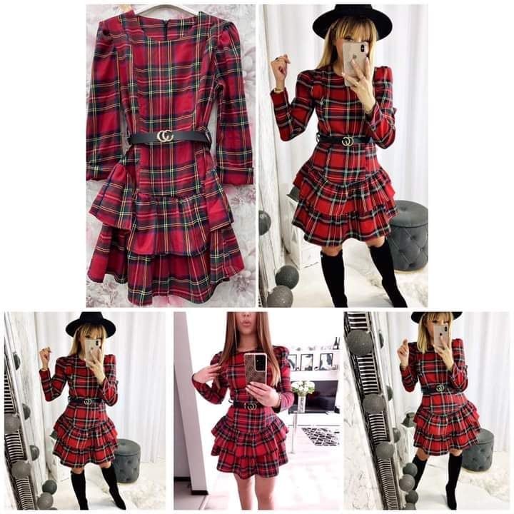 Red checkered dress with a belt S