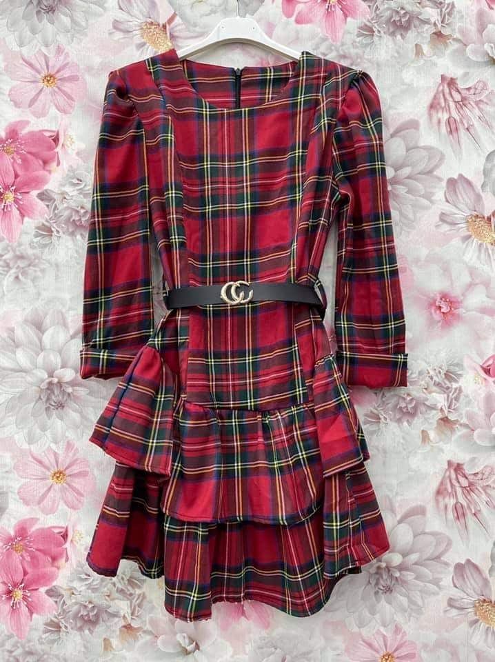 Red checkered dress with a belt S - Image 3