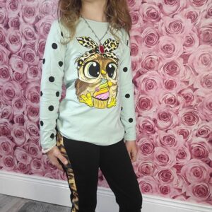 Long-sleeved sweatshirt owl + leggins age 6-8