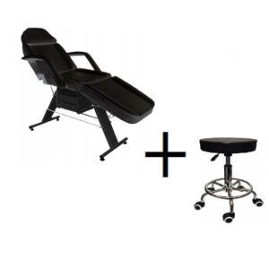 Beauty bed with drawers black + stool tattoo spa