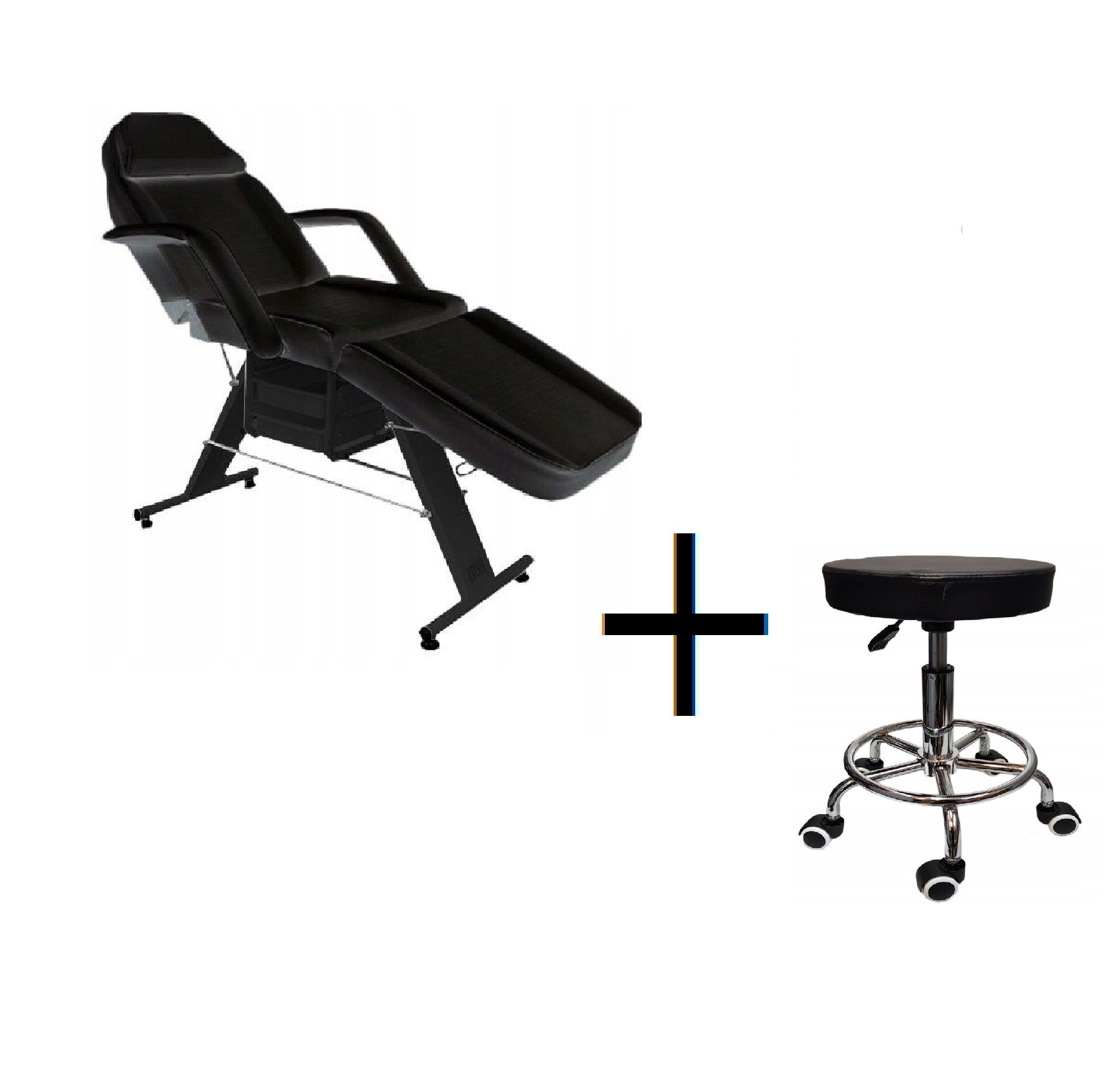 Beauty bed with drawers black + stool tattoo spa