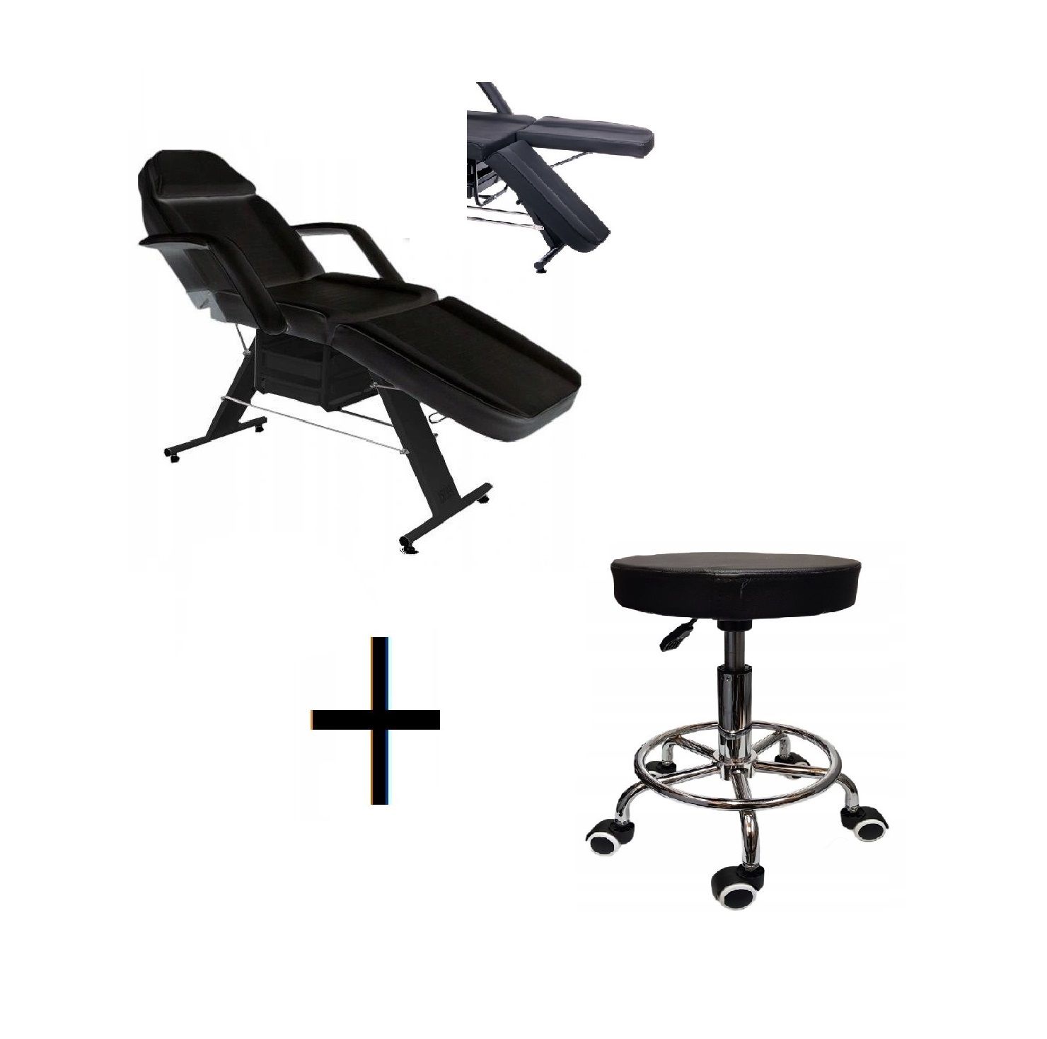 Beauty bed with drawers black+ stool tattoo spa split