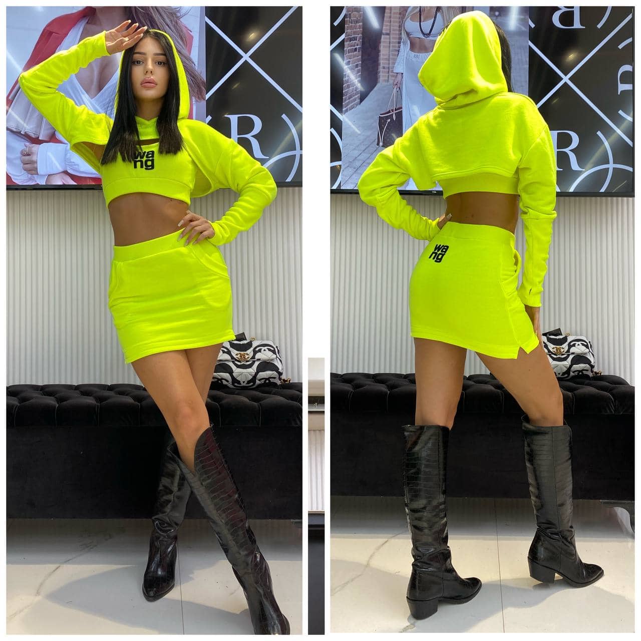 A three-pieces Wang Yellow Neon set with a skirt S-Xl