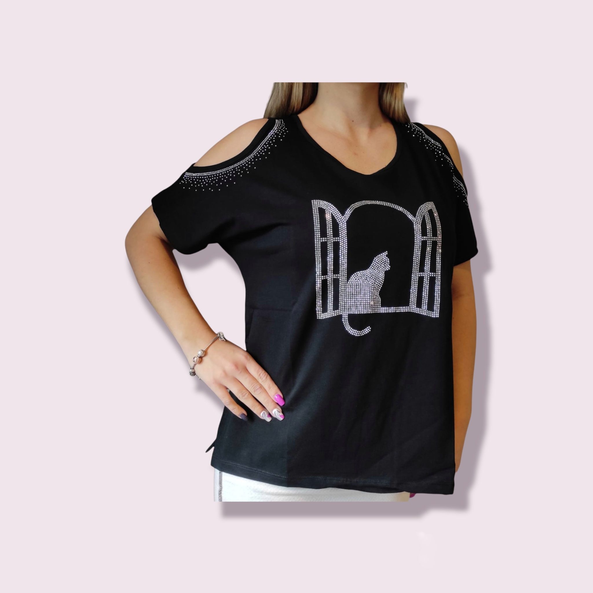 Tops Women Coldshoulder cat XS-XXl - Image 3