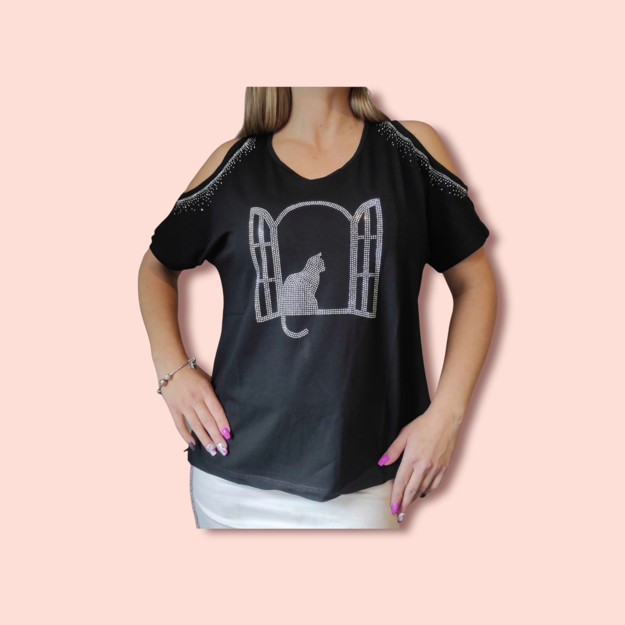 Tops Women Coldshoulder cat XS-XXl - Image 4