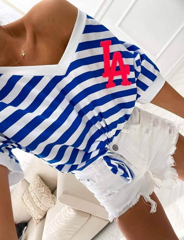 Striped blue V neck T-shirt XS-L - Image 3