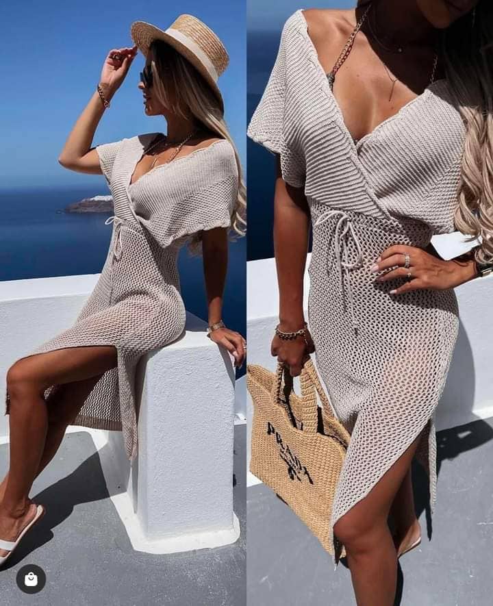 Beige knitted beach dress XS-Small L