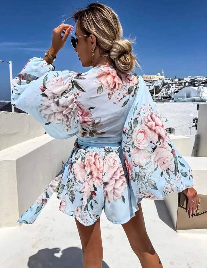 Blue set of chiffon tied top and shorts XS-L - Image 3