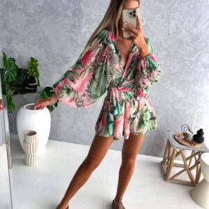Set of chiffon tied top and shorts tropical pattern XS-L