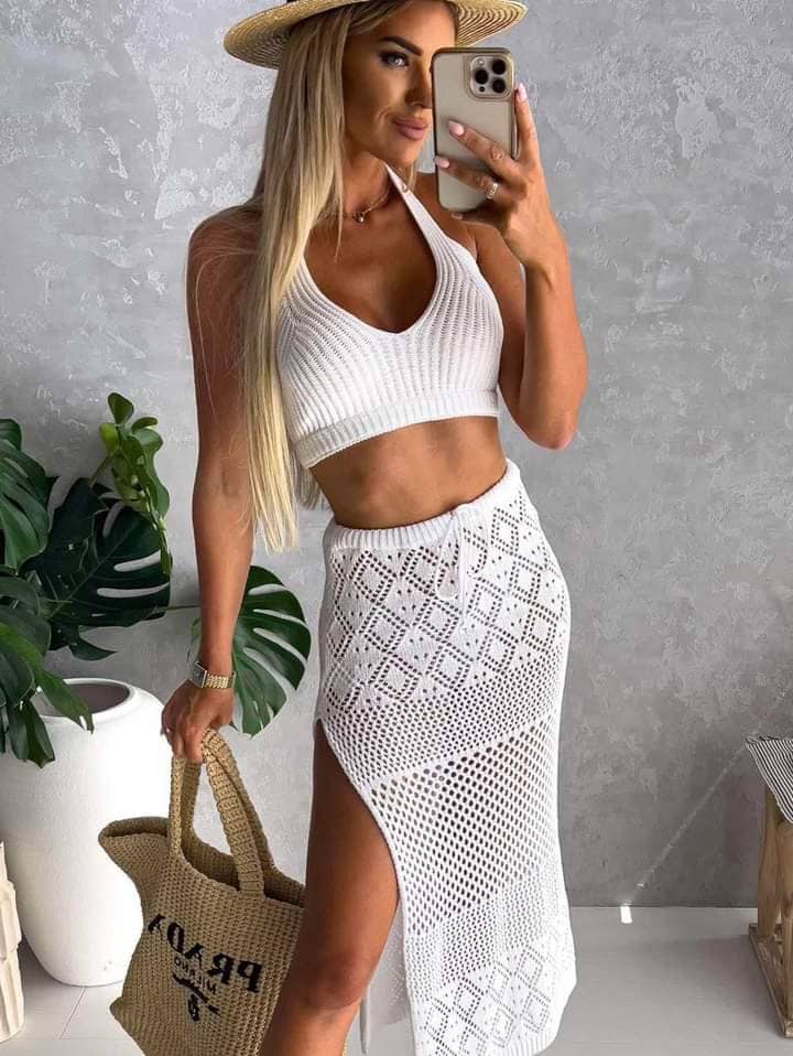 SET OPENWORK SUMMER TOP SKIRT KNITTED XS-M - Image 3