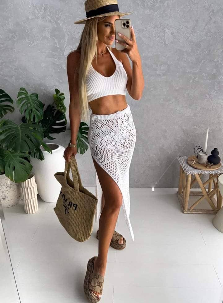 SET OPENWORK SUMMER TOP SKIRT KNITTED XS-M