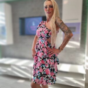 One shoulder pink- black floral dress XS-M