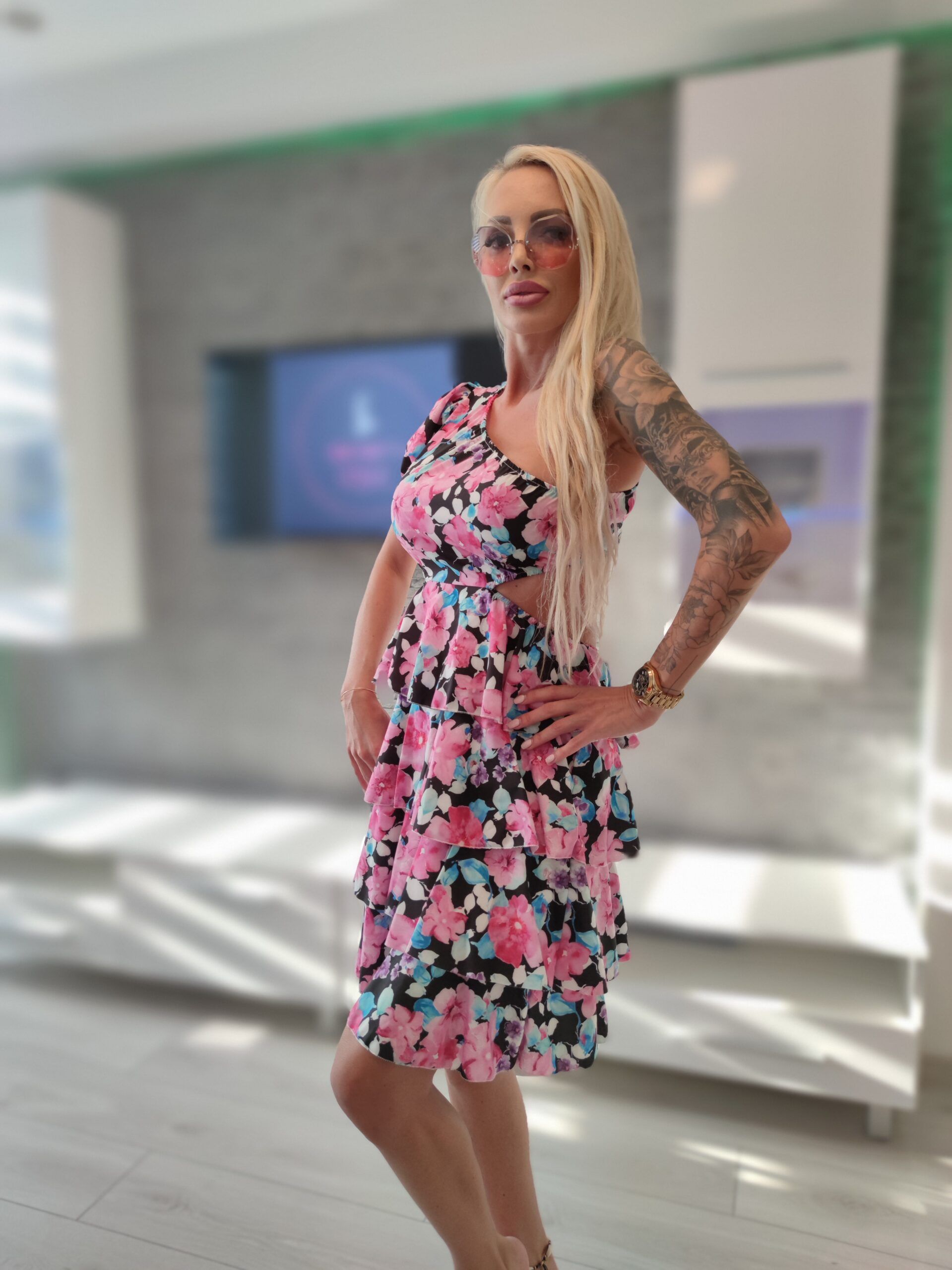 One shoulder pink- black floral dress XS-M