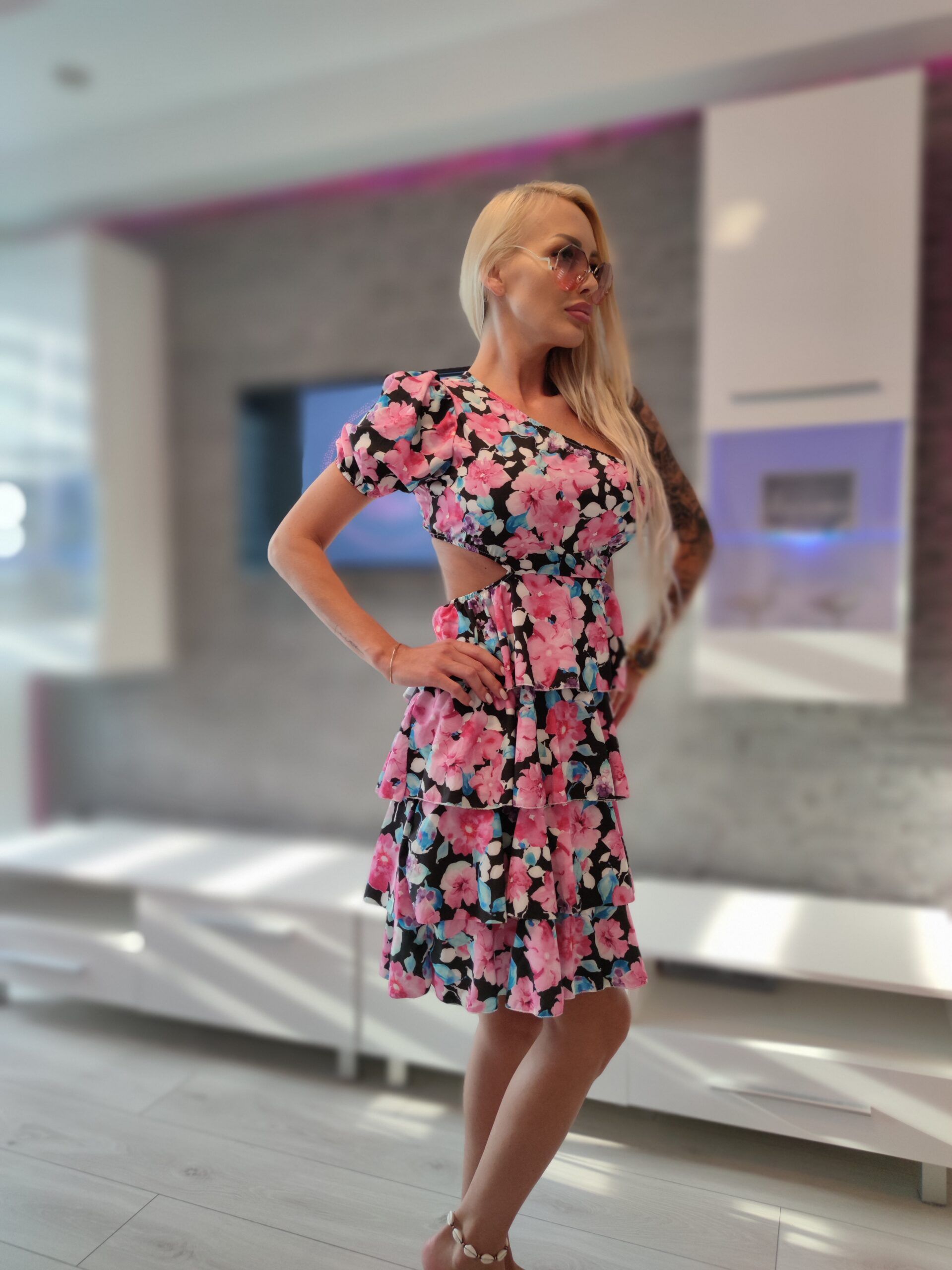 One shoulder pink- black floral dress XS-M - Image 2