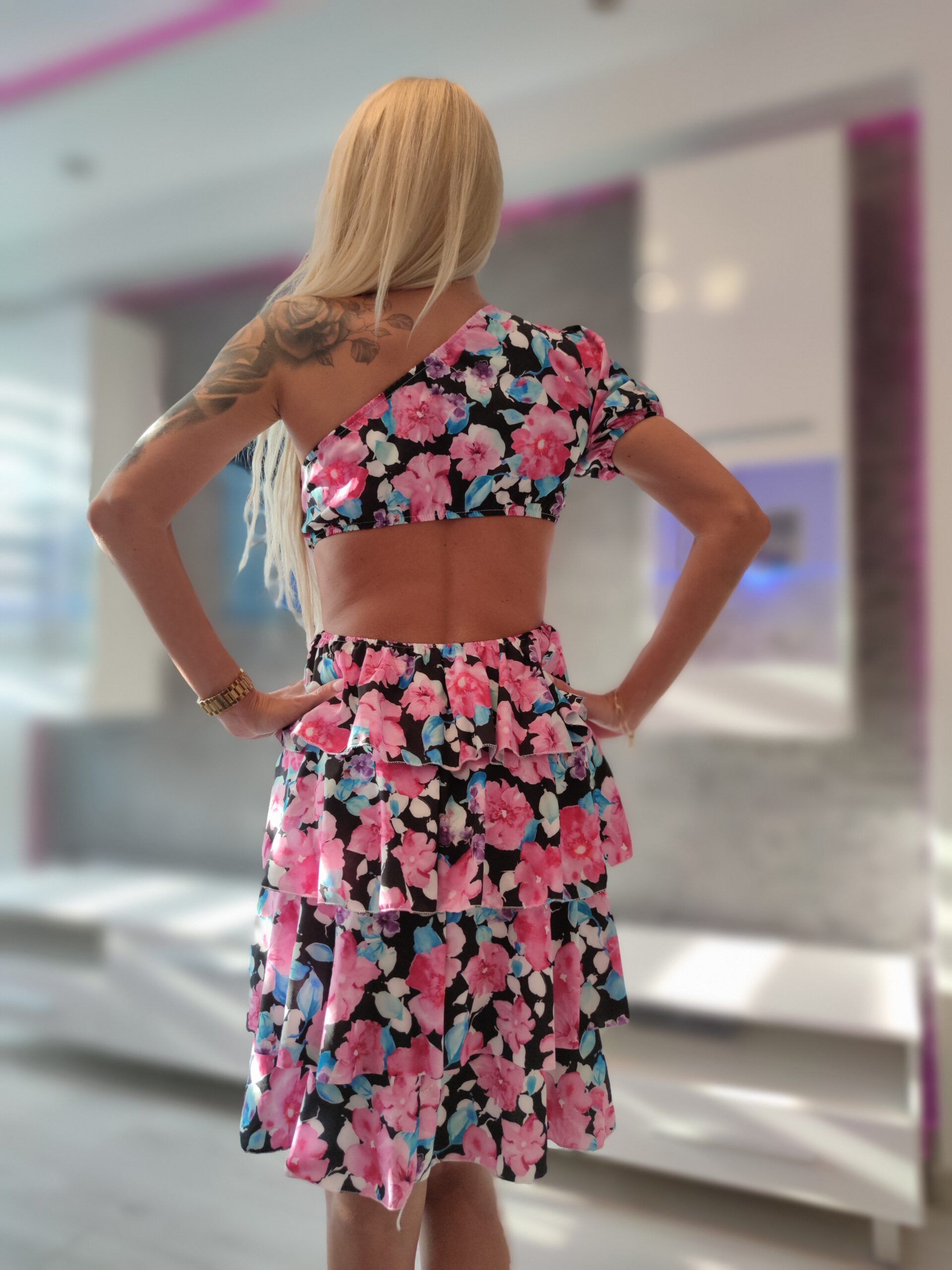 One shoulder pink- black floral dress XS-M - Image 3