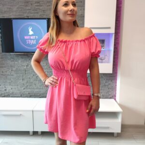 Off Shoulder Pink Ruched Bust Puff Sleeve Dress with BAG XS-L