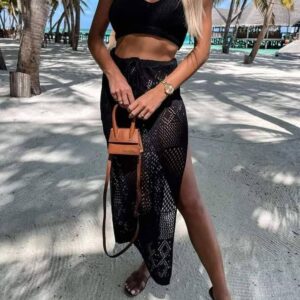 BLACK SET OPENWORK SUMMER TOP SKIRT KNITTED XS-M