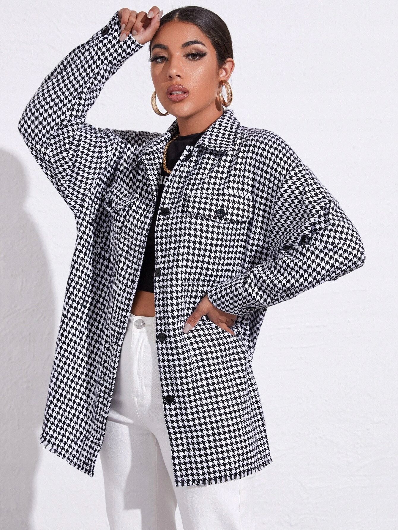 Mono Houndstooth Print Tweed Shacket 6-12 - Image 5