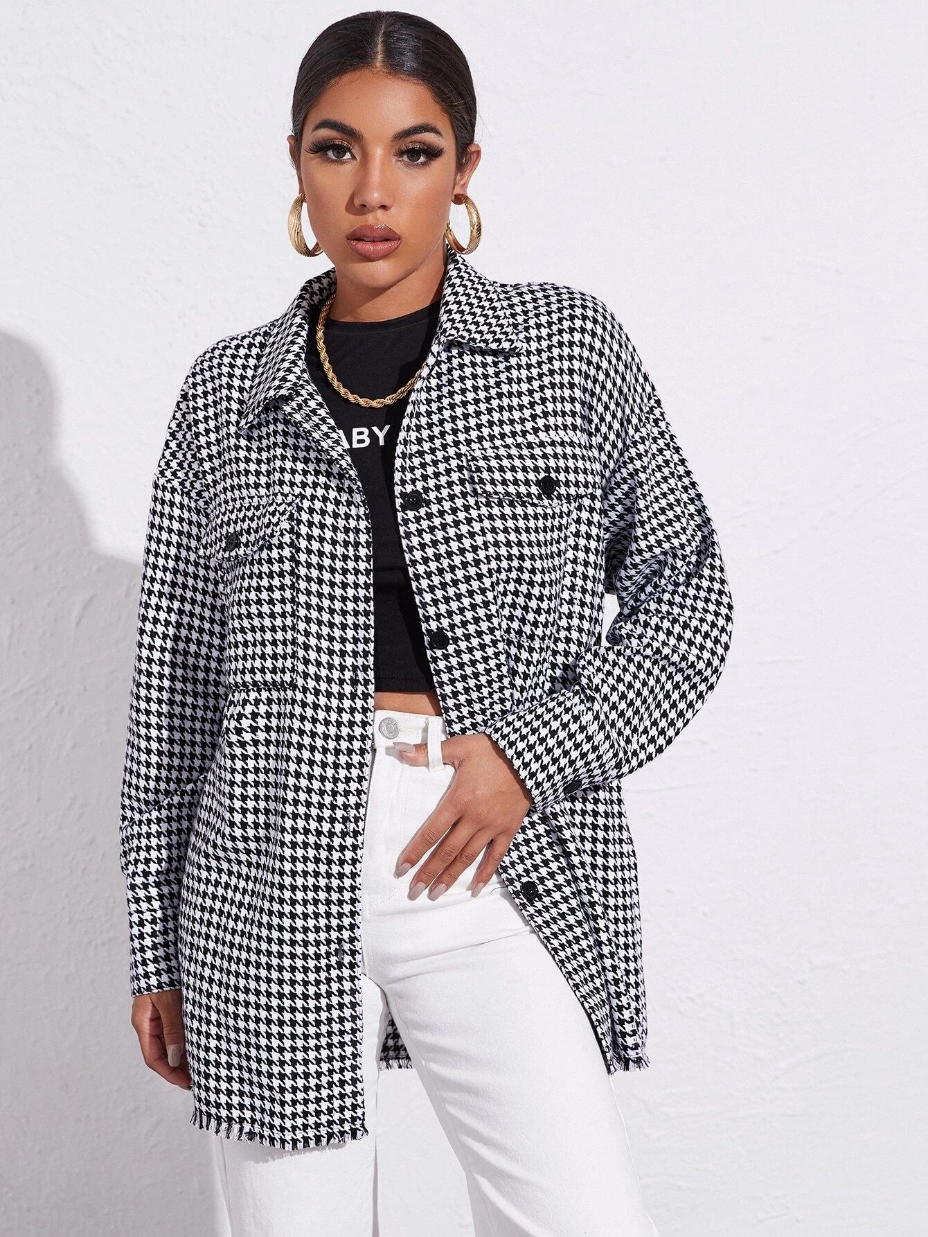 Mono Houndstooth Print Tweed Shacket 6-12 - Image 4
