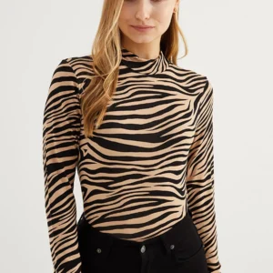 Mock Neck brown Zebra Print Slim Tee M-38