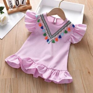 Ruffle Stripe Dress Girls Pink Age 4-5