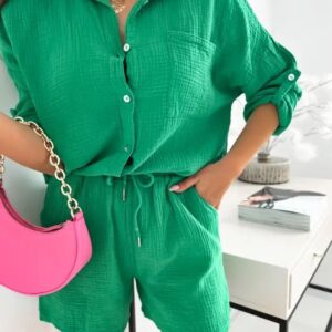 women set of shirt and shorts green