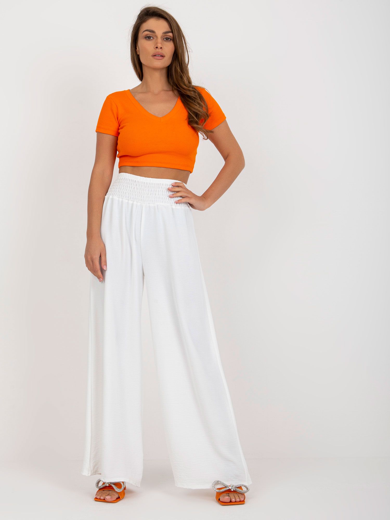Smooth Airy Trousers with High Waist White XS-XL