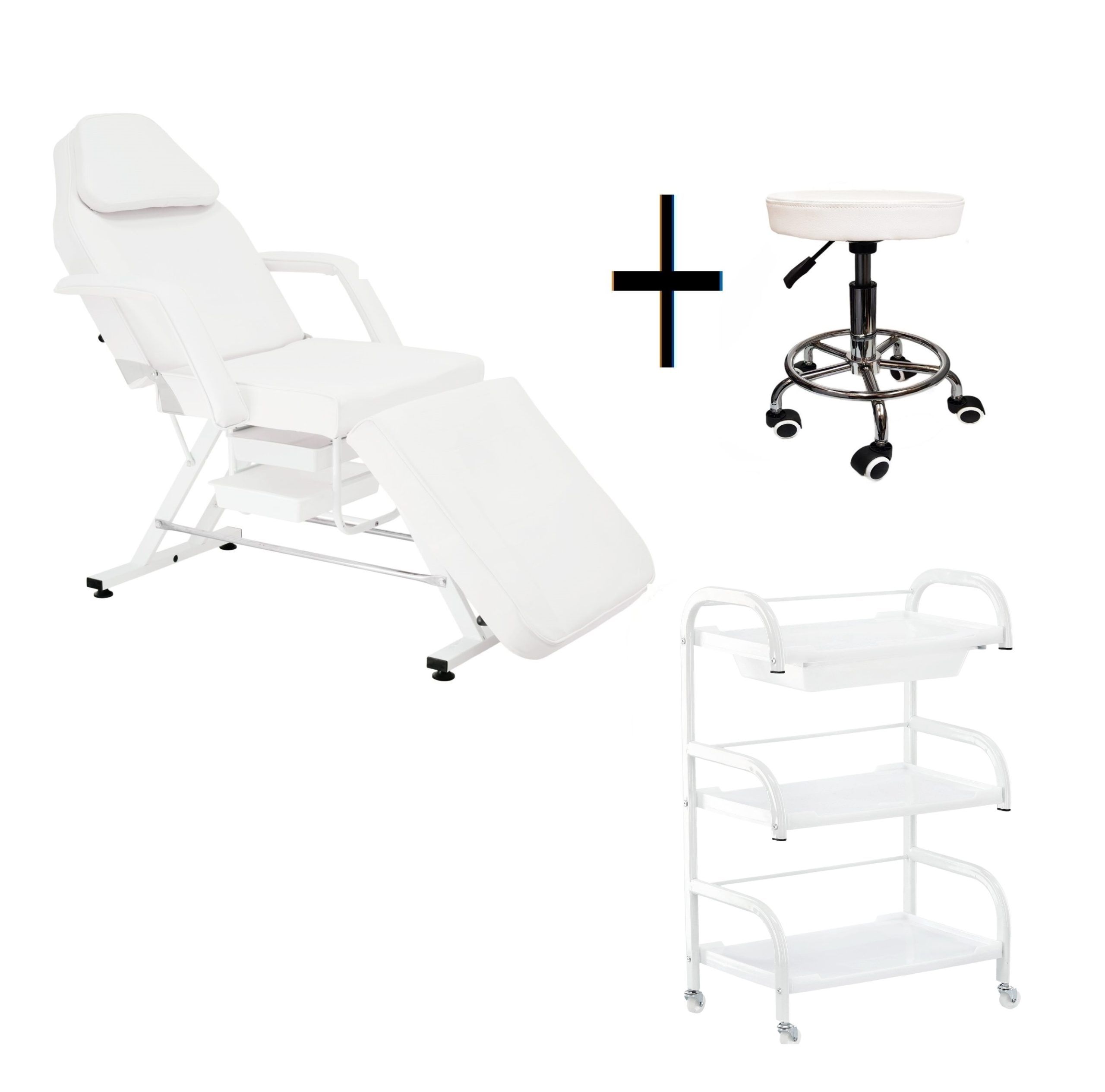 Beauty Bed With Drawers trolley shelf and stool white