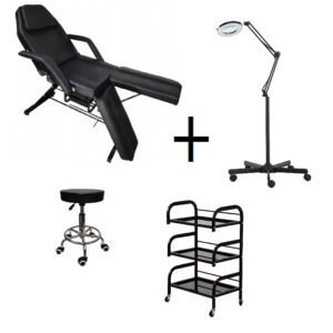 This high-quality beauty bed is perfect for any medical, tatto, salon cosmetic, beuty or spa. It is made of durable eco-leather and has a removable headrest and armrests for added comfort. The backrest and footrest are adjustable for optimal positioning, and the chair has a maximum load capacity of 170 kg. The set also includes a magnifier lamp with a tripod, which is ideal for skin diagnostics and cosmetic procedures.