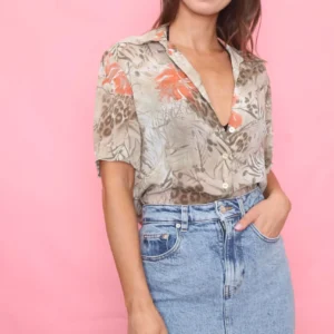 Vintage Zebra Patterned Short Sleeve Blouse