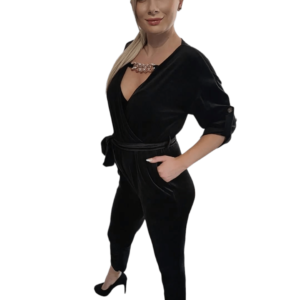 Surplice neck velvet jumpsuit
