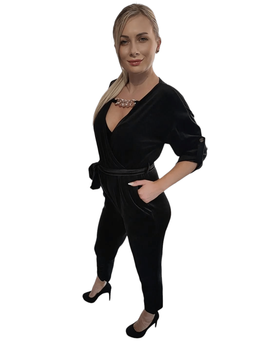 Surplice neck velvet jumpsuit
