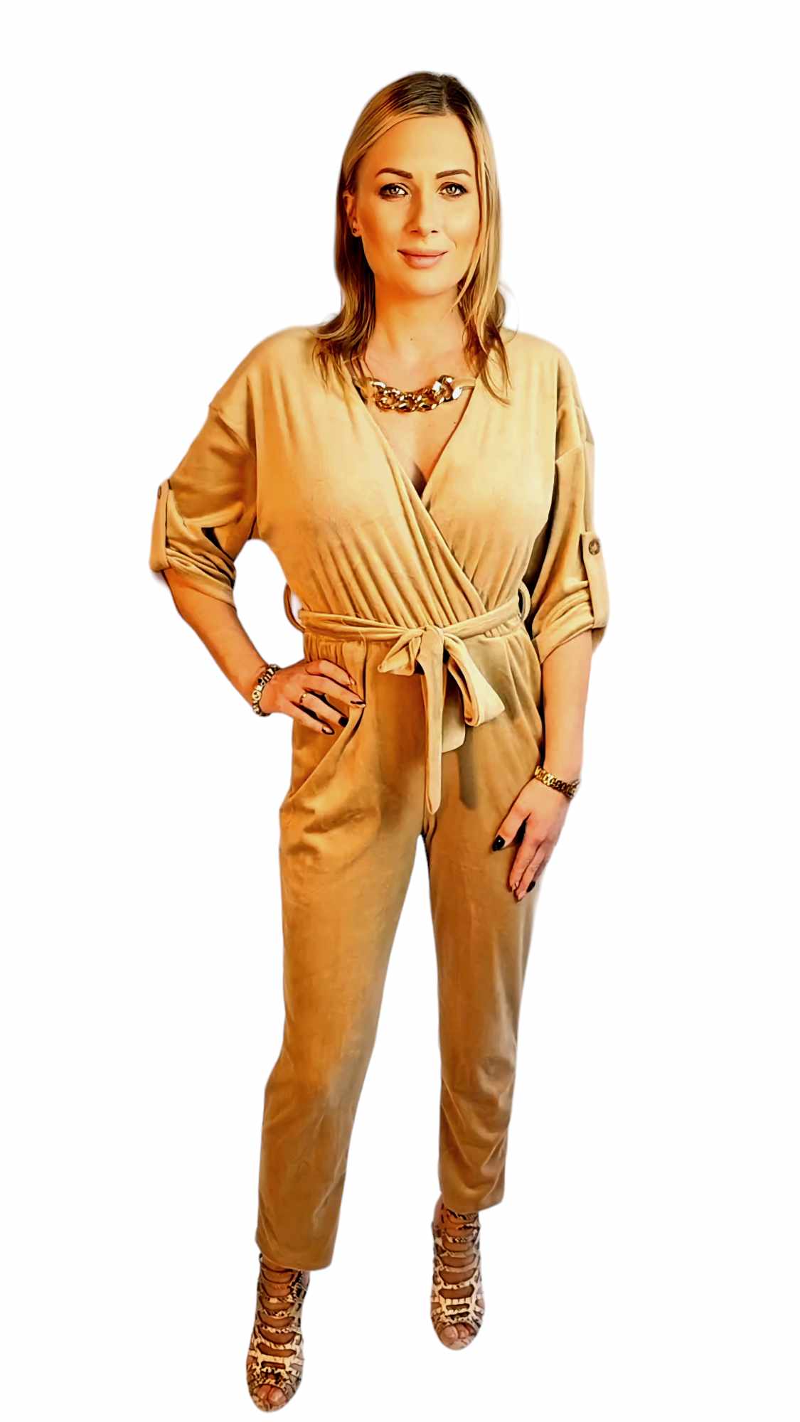 Surplice neck velvet wide leg jumpsuit - Image 2