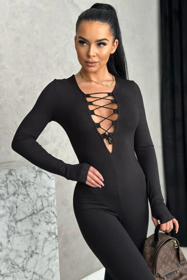 Women's ribbed jumpsuit with a tie at the neckline - Image 2