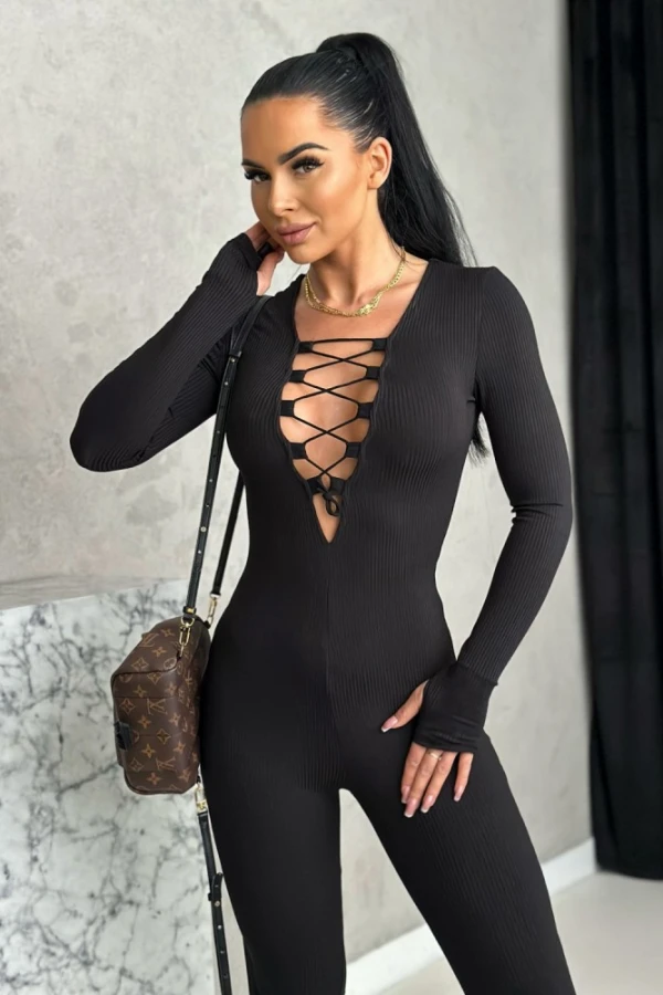 Women's ribbed jumpsuit with a tie at the neckline - Image 3