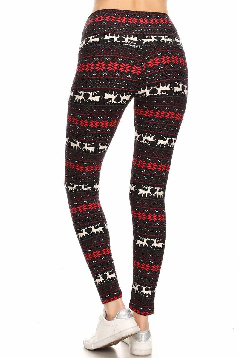 Leggings de cintura alta con copos de nieve y renos en negro y rojo