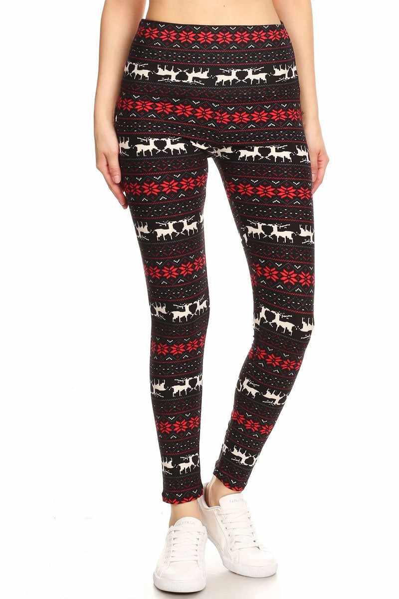 Leggings de cintura alta con copos de nieve y renos en negro y rojo - Image 2