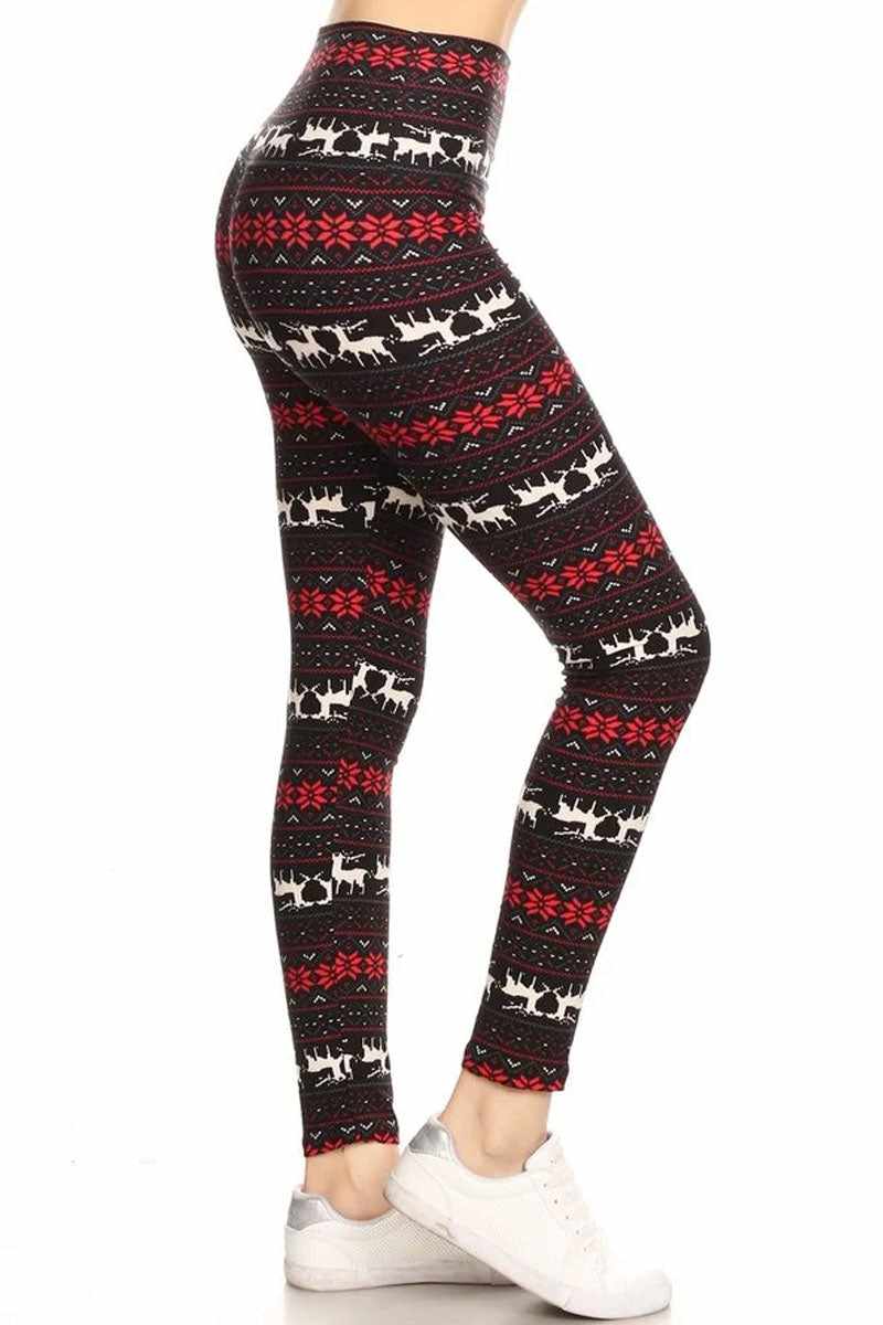 Leggings de cintura alta con copos de nieve y renos en negro y rojo - Image 3