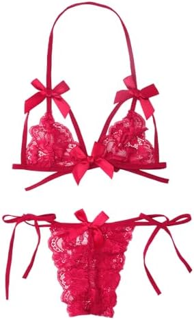 Conjunto de lencería con tirantes de encaje y lazo – Sujetador transparente sexy y braguita con lazos laterales en color rojo. - Image 4