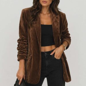 Blazer elegante de terciopelo marrón – Chaqueta de lujo elegante e informal para mujer