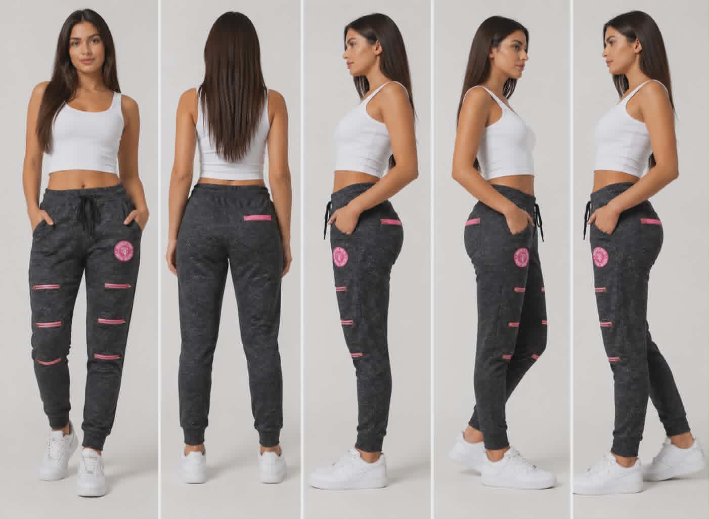 Pantalones deportivos con cremallera para mujer – Grafito con detalles en rosa
