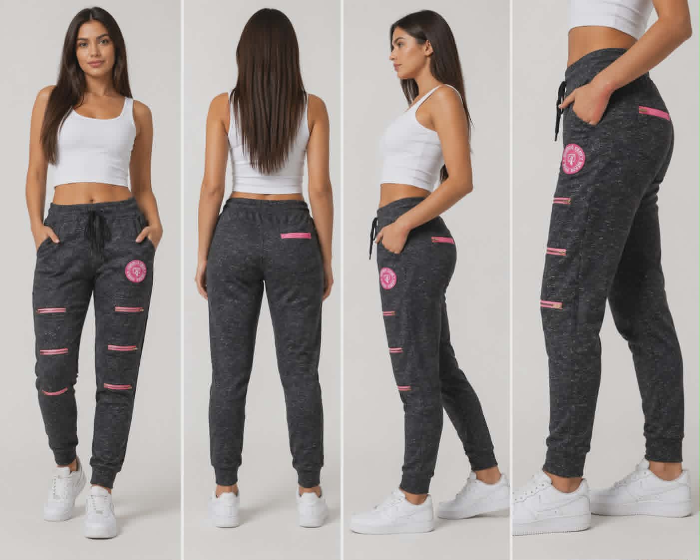 Pantalones deportivos con cremallera para mujer – Grafito con detalles en rosa - Image 3