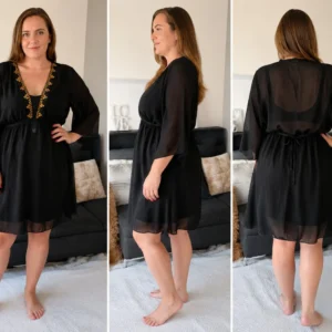 Pareo de playa negro y transparente con detalles de lentejuelas doradas